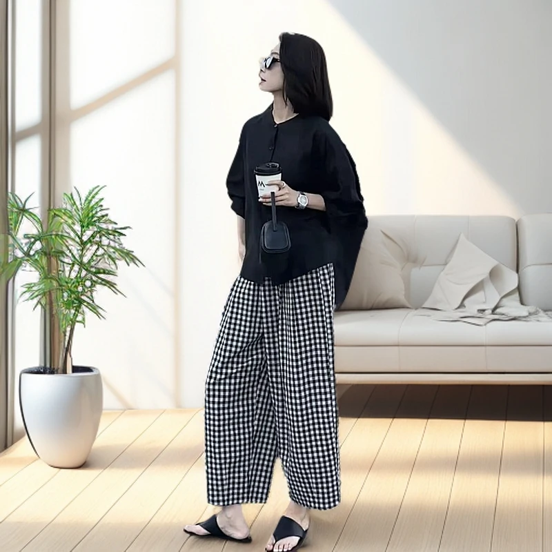 时尚套装2025夏季新款大码七分袖衬衫+九分格子阔腿裤薄款宽松