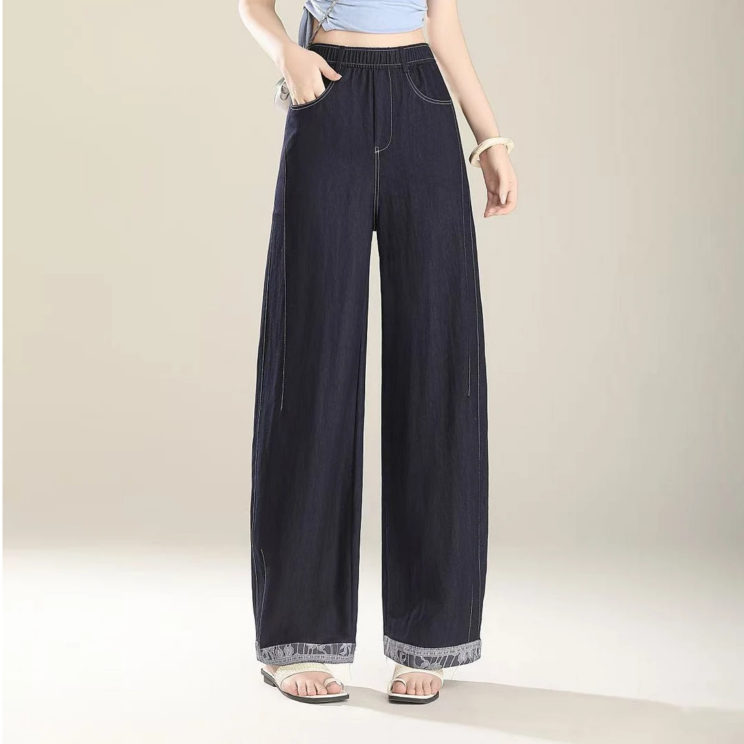 【云影流墨】高腰垂感牛仔阔腿裤 立体剪裁 压褶中缝 花纹刺绣J27