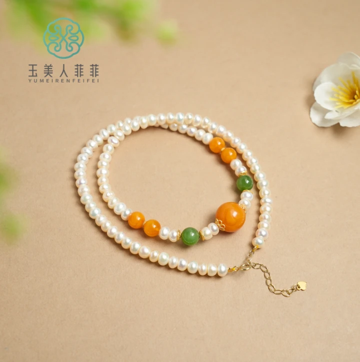 菲菲珠宝好！蜜蜡项链-DIY珍珠老蜡圆珠5mm