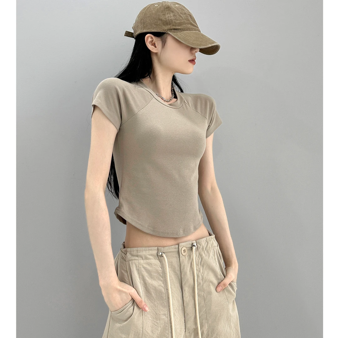 24018# 欧美风正肩小飞袖短袖T恤女2024新款纯色ol辣妹上衣
