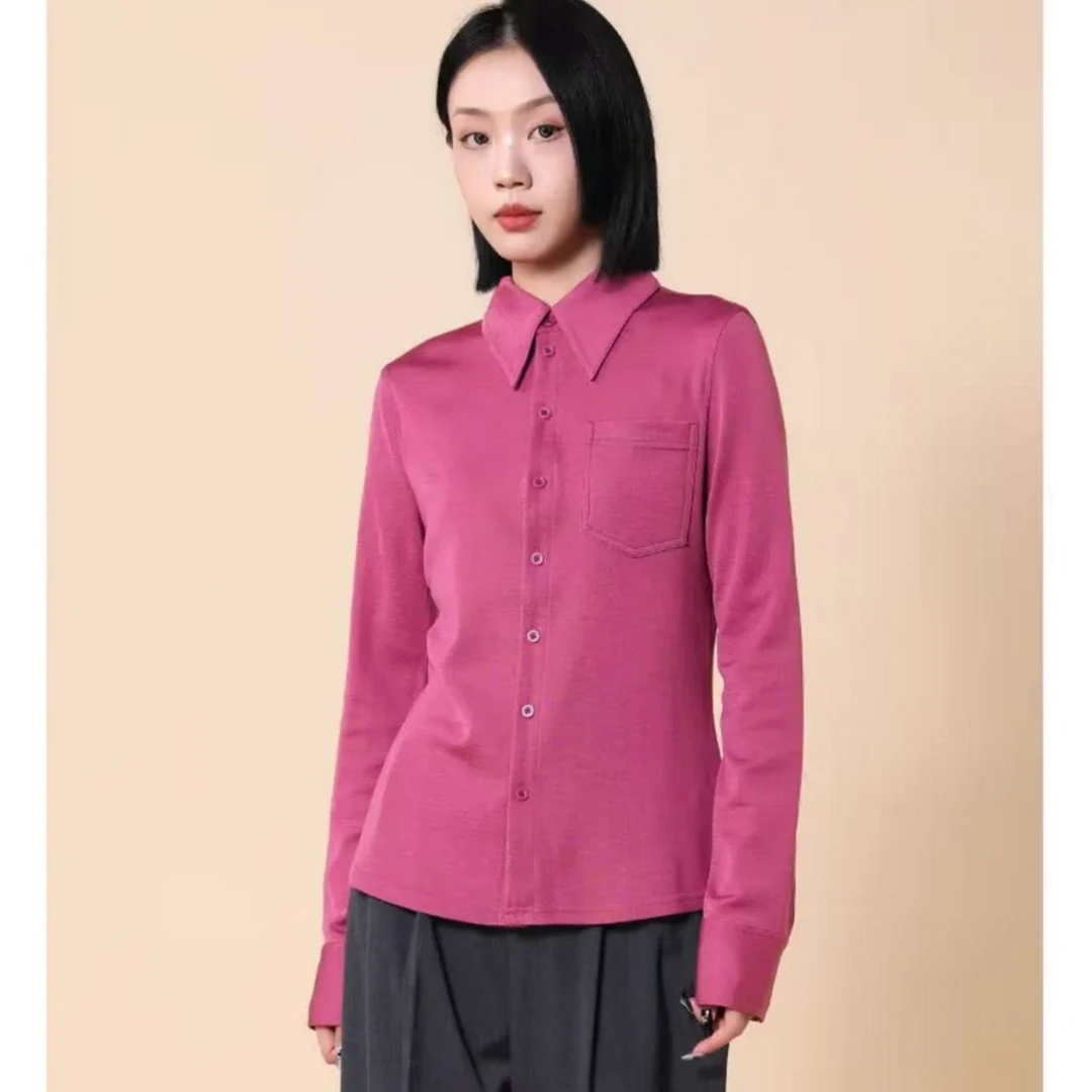 GIRDEAR/哥弟新款简约通勤显瘦尖领纯色百搭毛料长袖衬衫1301044