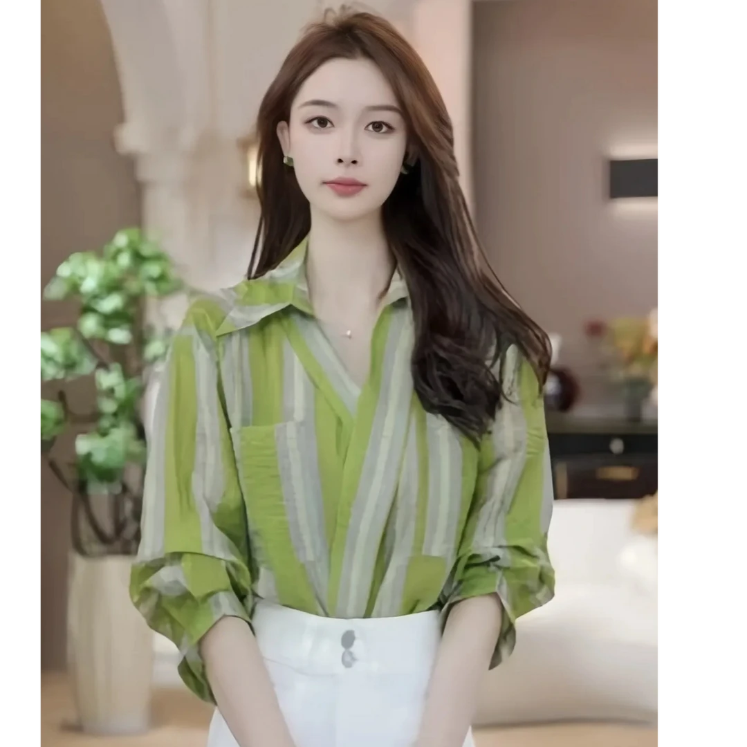 港风复古条纹衬衫2025夏季新款宽松显瘦时尚百搭休闲五分袖衬衣