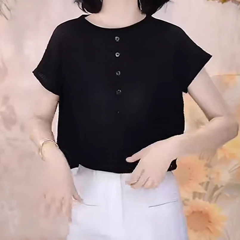 一字领短袖条纹小飞袖夏季女假单排扣上衣