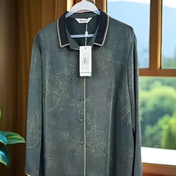 Q24059【墨绿色】纽扣薄款复古印花衬衫小衫国风绿色时尚休闲