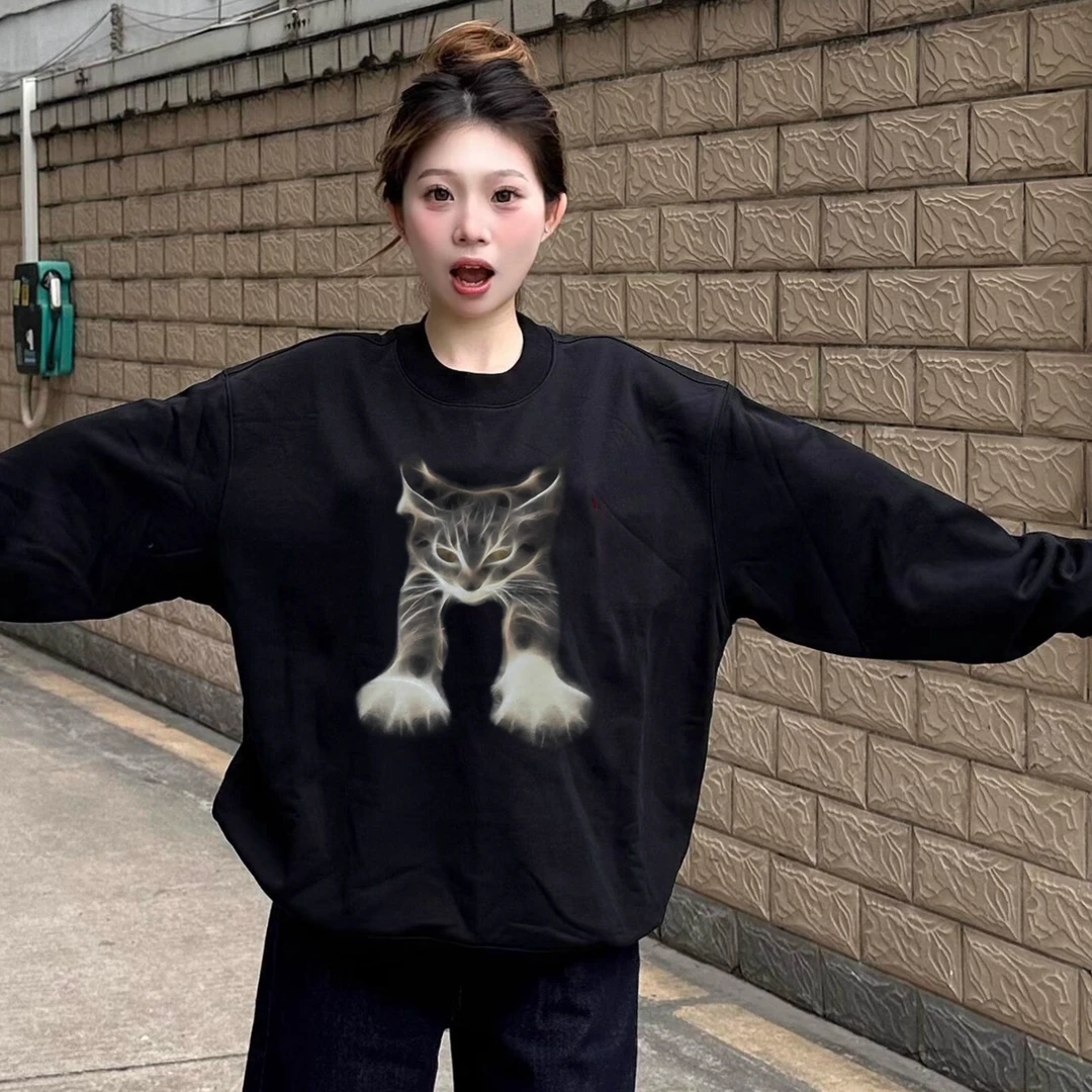 秋冬纯棉圆领女感小众美式高街宽松长袖早秋卫衣女ins风学生女款