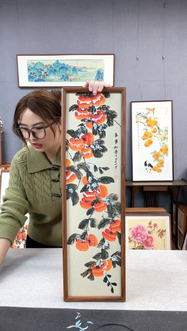 【闪购商品】国画孔德尚-手绘带框作品-20*70-柿子