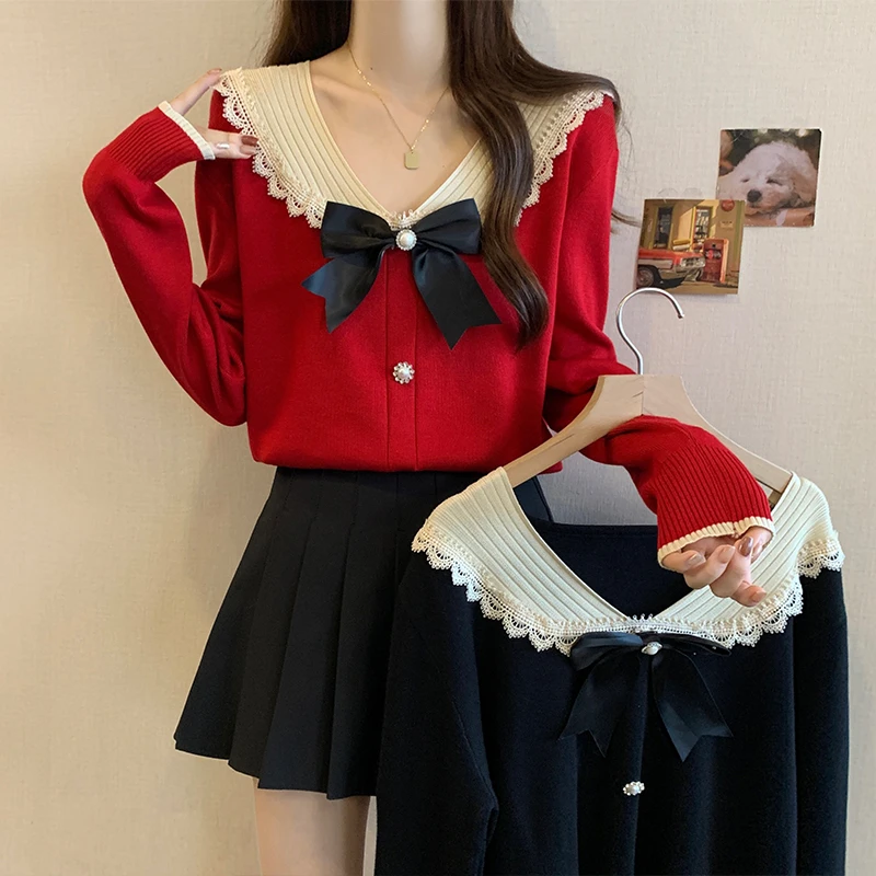 海军领蝴蝶结针织衫女秋冬洋气内搭显瘦遮肚子胖mm大码蕾丝边毛衣