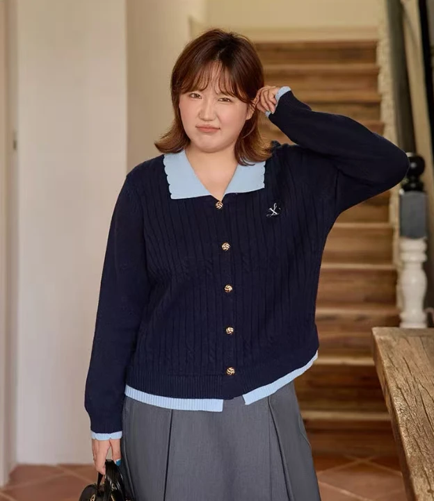 2025春秋新款大码女装假两件针织衫宽松显瘦拼接设计感上衣女733