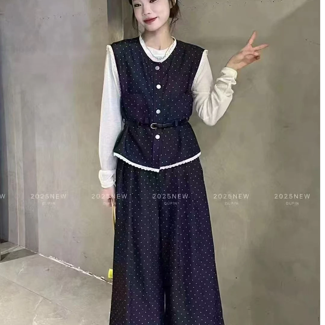 新品波点牛仔马甲背心系腰带显瘦宽松阔腿裤套装女装春夏新款潮