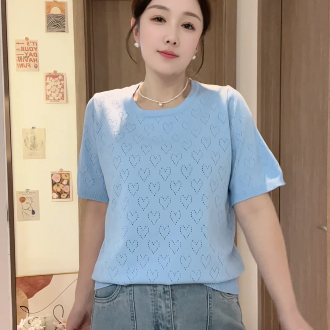 大码设计感镂空薄款短袖针织衫夏季正肩圆领显瘦百搭短上衣#2510