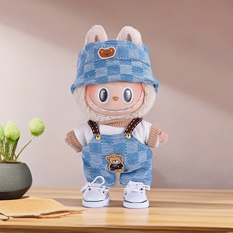 仅衣服]拉布布Labubu衣服挂件坐坐娃衣8字格纹背带裤套装一二三代