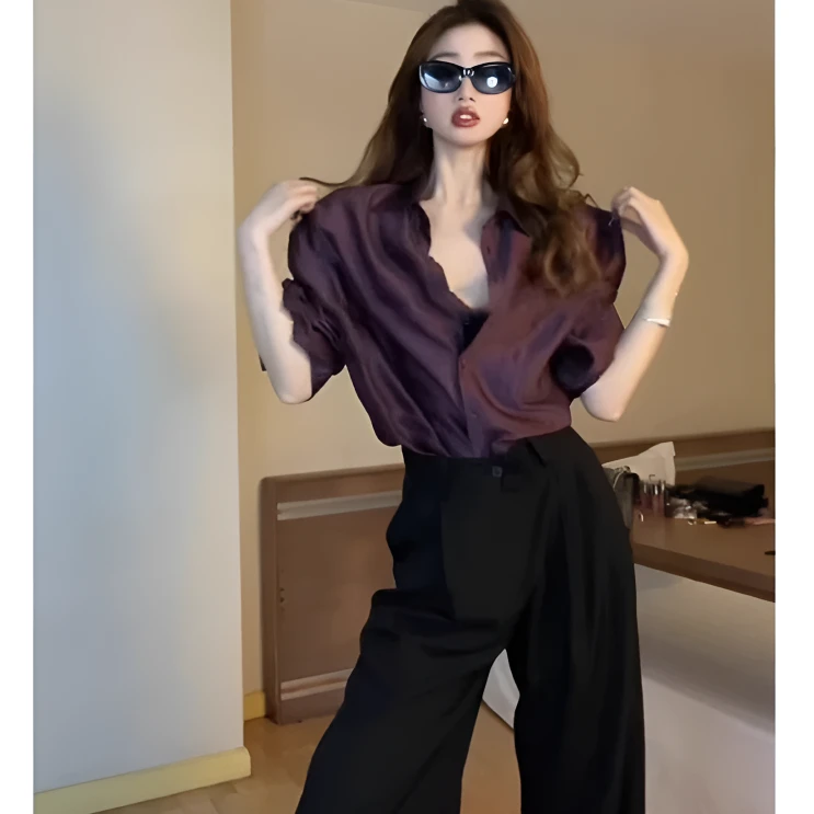 轻奢复古紫色醋酸缎面衬衫女早秋季薄款外搭衬衣气质时髦上衣外套
