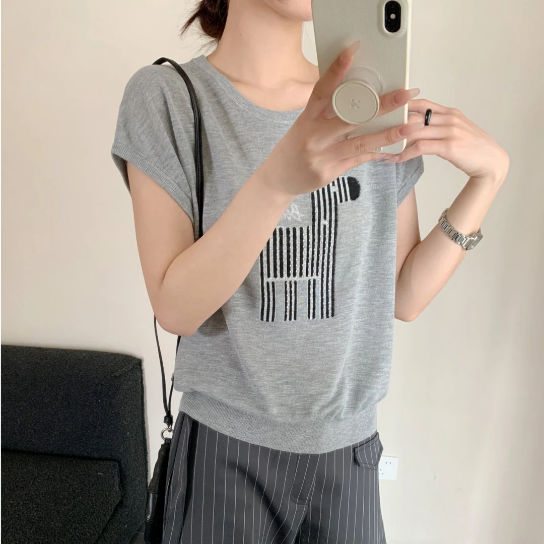 【素简.820191】夏季新款竹节麻轻薄水晶线条斑马女装上新针织衫