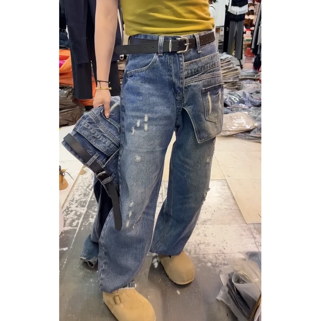 2025早秋新款高腰显瘦大码松弛感阔腿磨破弯刀牛仔裤