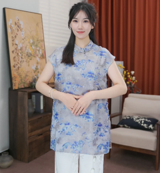 [锁烟]华丝语新中式国风百搭斜襟盘扣气质立领时尚小衫上衣