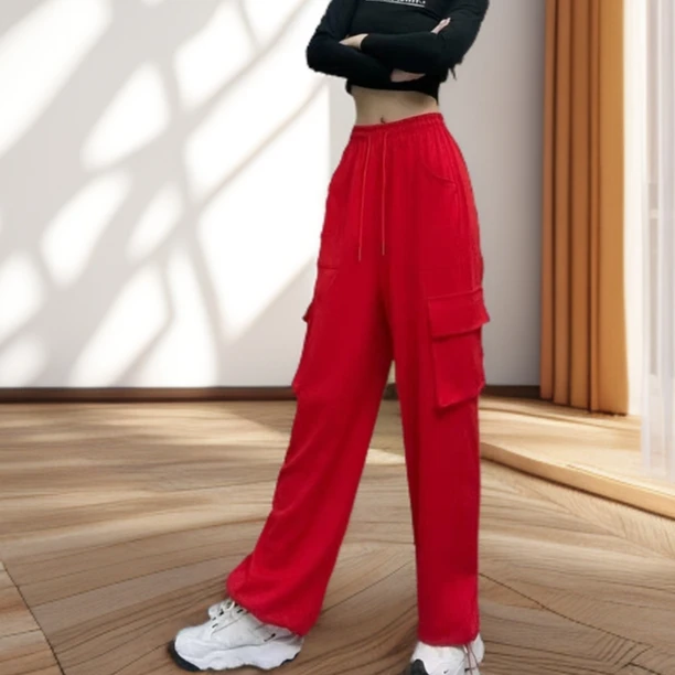 2025新款跳广场舞裤子40到60岁裤子宽松版大红色工装裤工装裤女