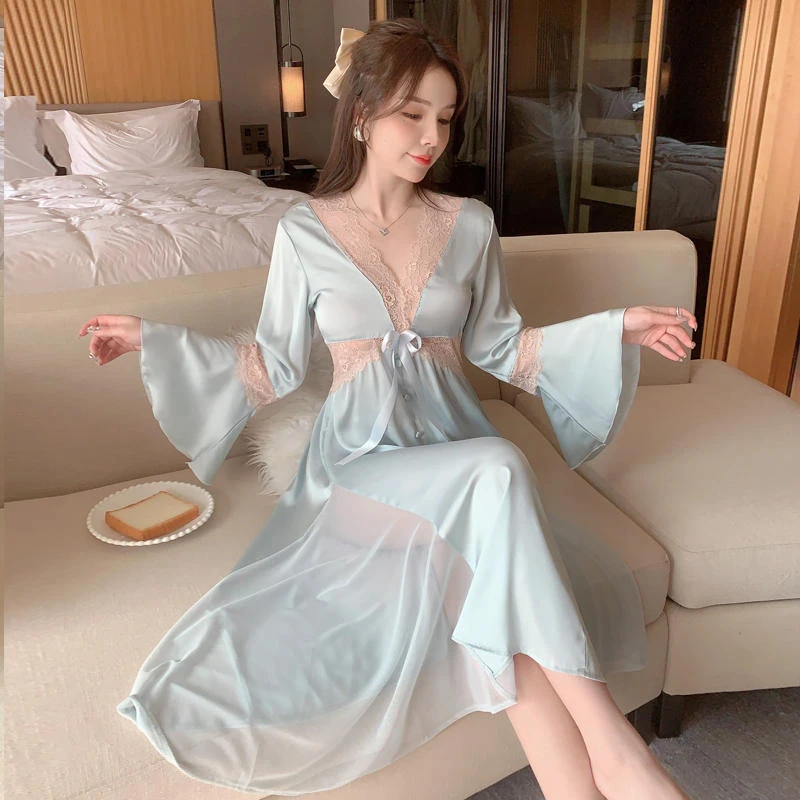 X32夏季法式冰丝高级睡裙家居服冰丝蕾丝长裙凉感气质少女居家服