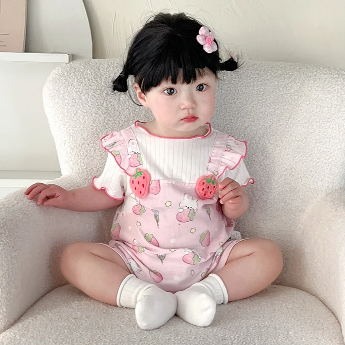婴儿衣服夏新款宝宝连体衣草莓假两件婴儿夏装短袖薄款婴儿连体衣