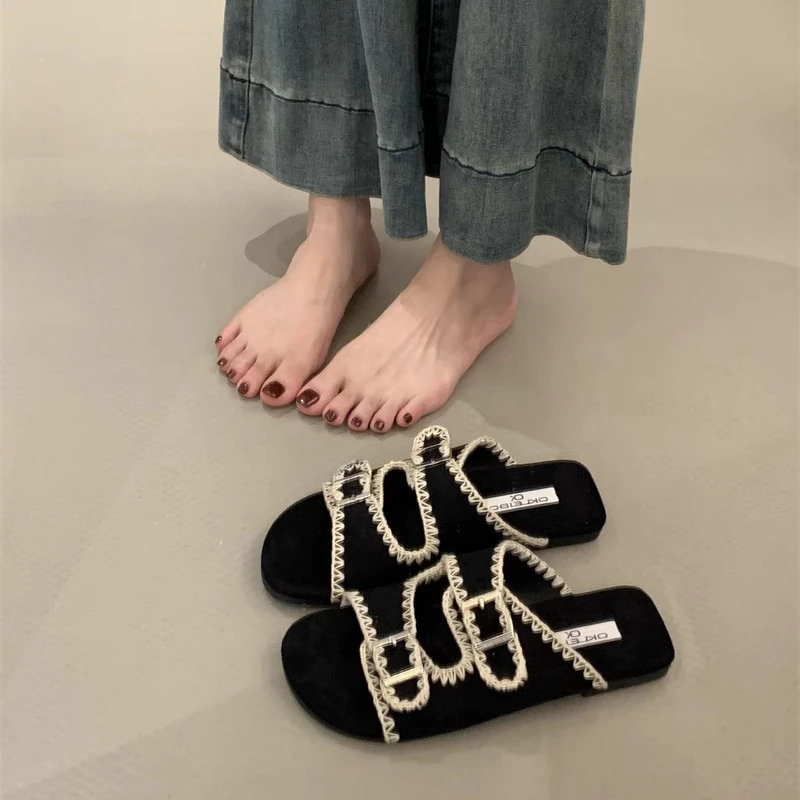 厚底蕾丝勃肯凉拖女2025新款夏季外穿防滑方头皮带扣一字拖沙滩鞋