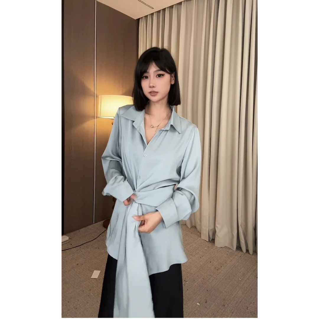 【ZZ严选】89003不规则绑带气质衬衫女收腰高级感中长款上衣
