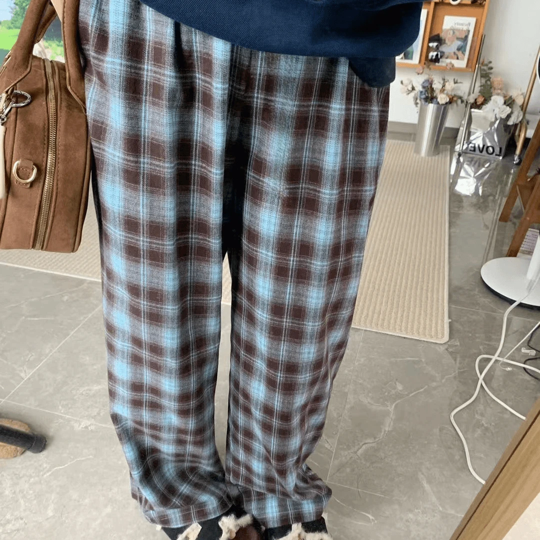 2025春夏季格子裤防蚊裤家居裤宽松格子裤休闲裤高腰直筒裤