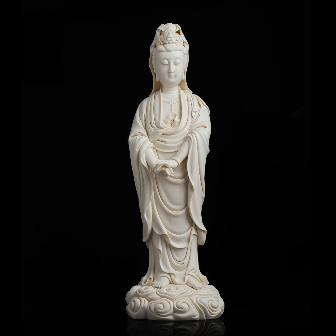 七珍陶瓷中式祥云观音瓷像周金田摆件白瓷工艺品家用观世音立像