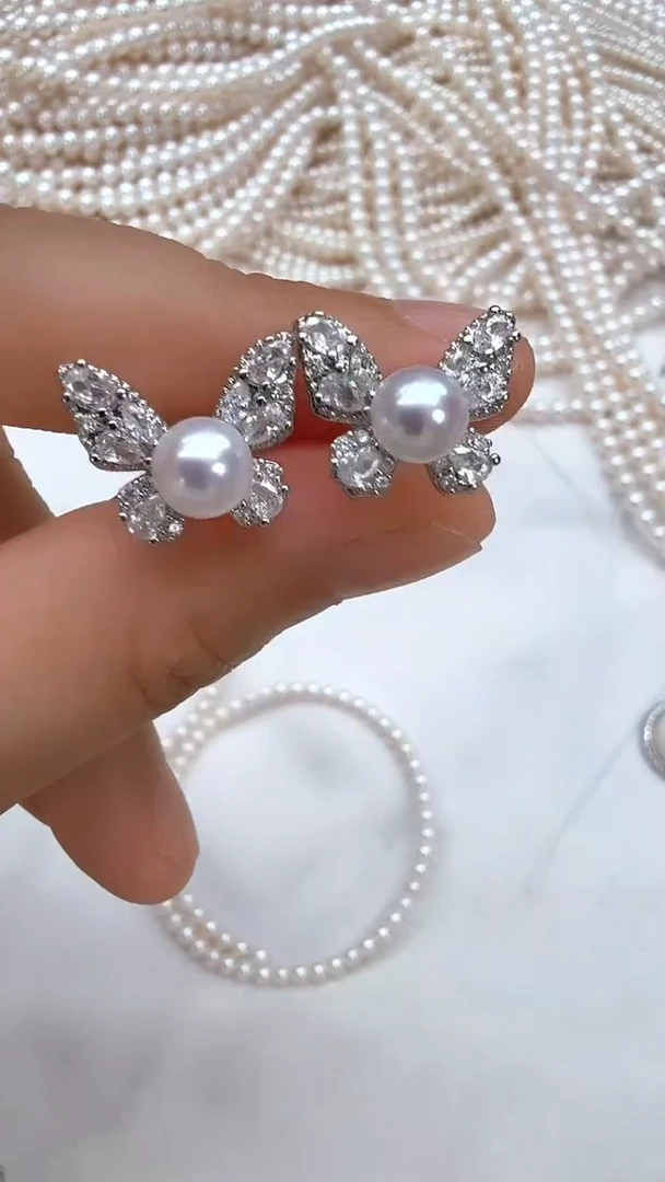 合金淡水珍珠耳饰银色蝴蝶