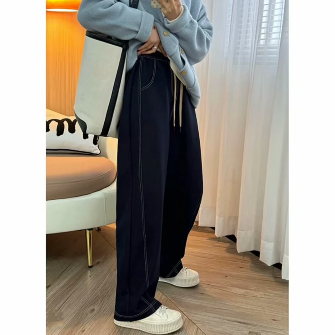 大码女装阔腿裤明线弯刀裤高腰显瘦垂感抽绳直筒裤宽松200斤女款