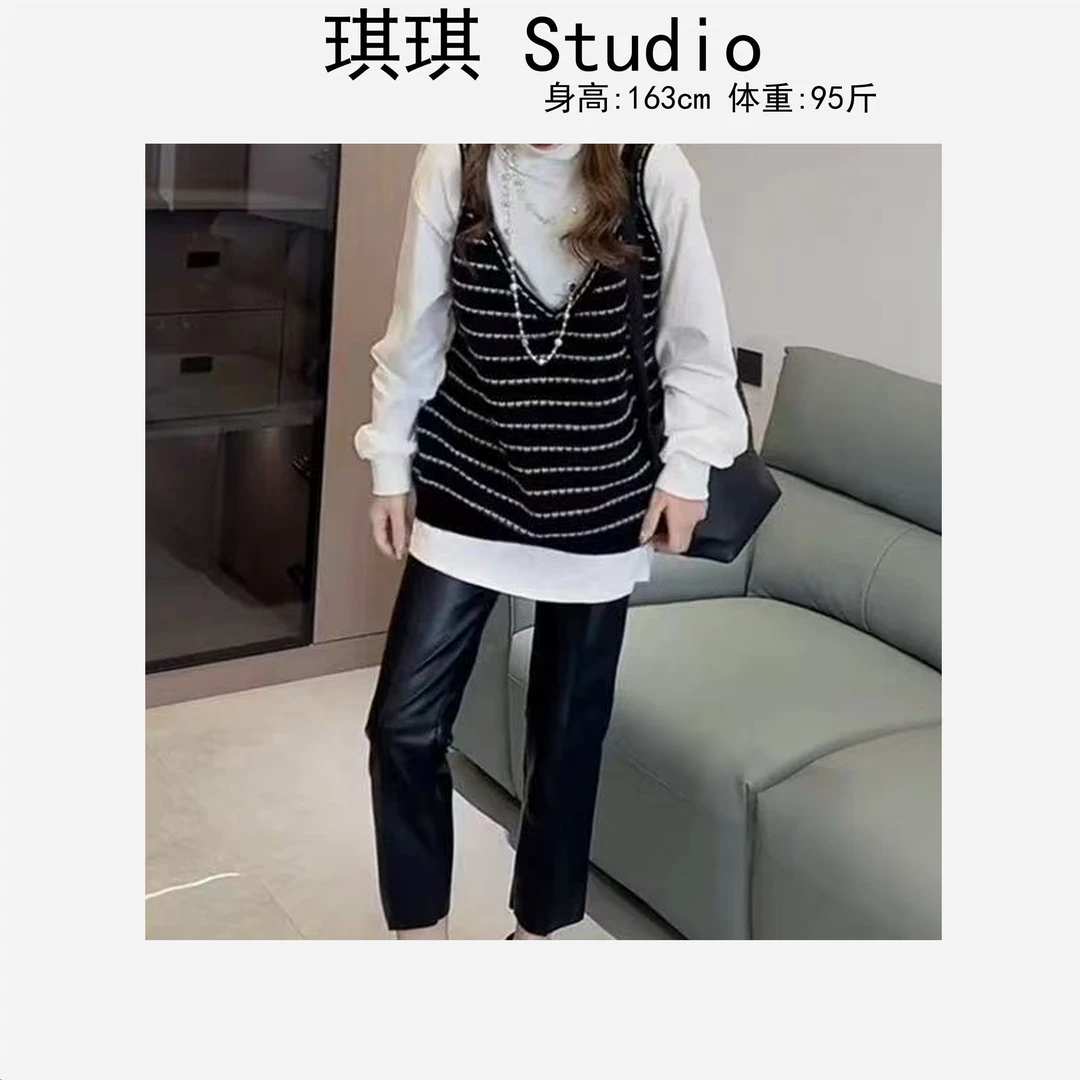 冬季新款潮流气质时尚拼色条纹宽松显瘦减龄休闲百搭针织马甲-G