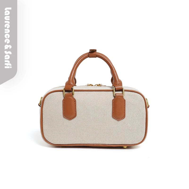 Laurence&Sarfi路易赛菲【棕白织韵】百搭撞色枕头包帆布设计斜跨包