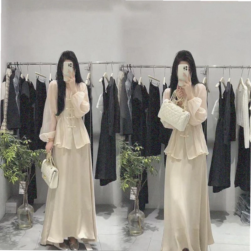 【清仓】新中式国风上衣夏季新款超仙时尚盘扣衬衫长裙两件套女