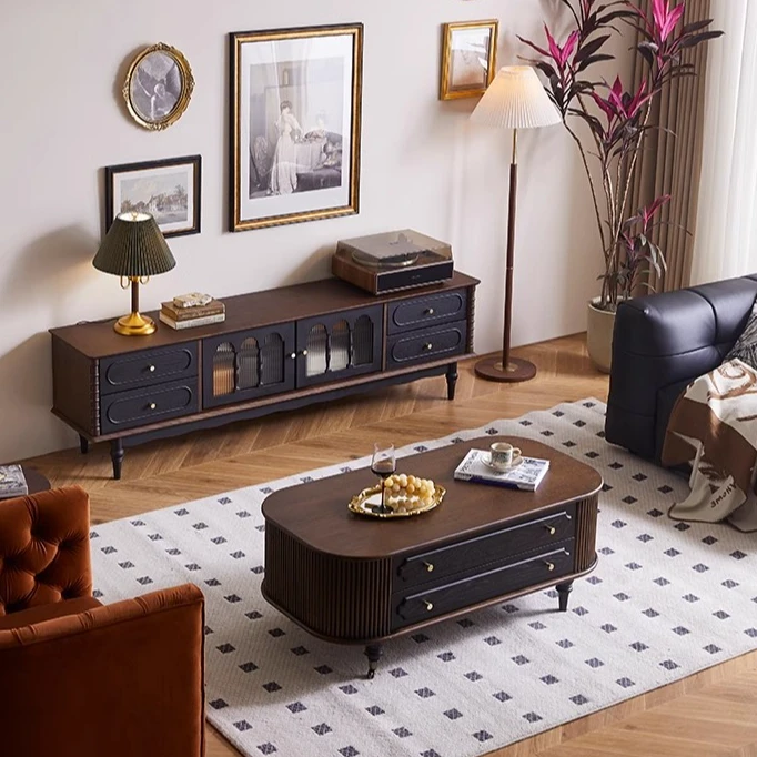 新11.11法式中古风实木电视机柜茶几组合复古客厅家用落地储物柜