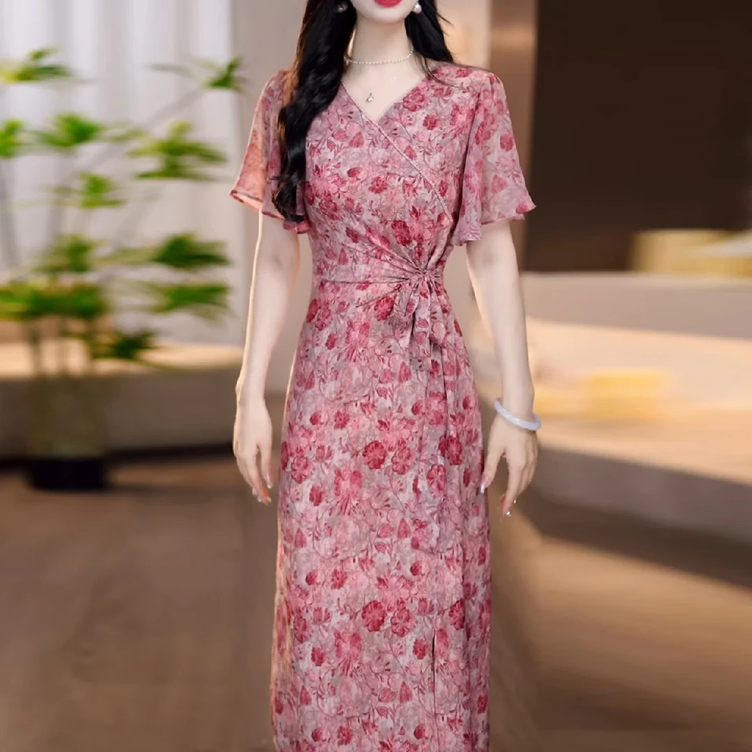 胜琳气质轻奢优雅碎花连衣裙2025夏季新款修身女神范高级感中长裙