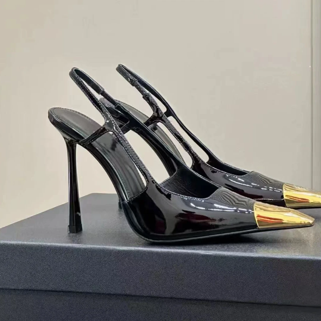 子艳家  欧货新款黑色金属金方头高跟鞋