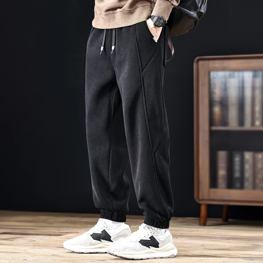 MR.MUDI/穆迪先生加绒加厚休闲裤男宽松大码运动束脚卫裤黑色裤子