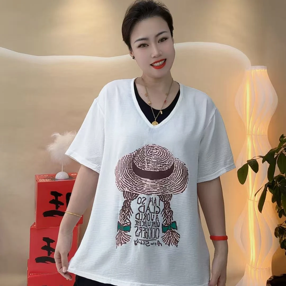 2025新款显瘦圆领短袖常规款印花T恤重工休闲夏季大码时尚女装