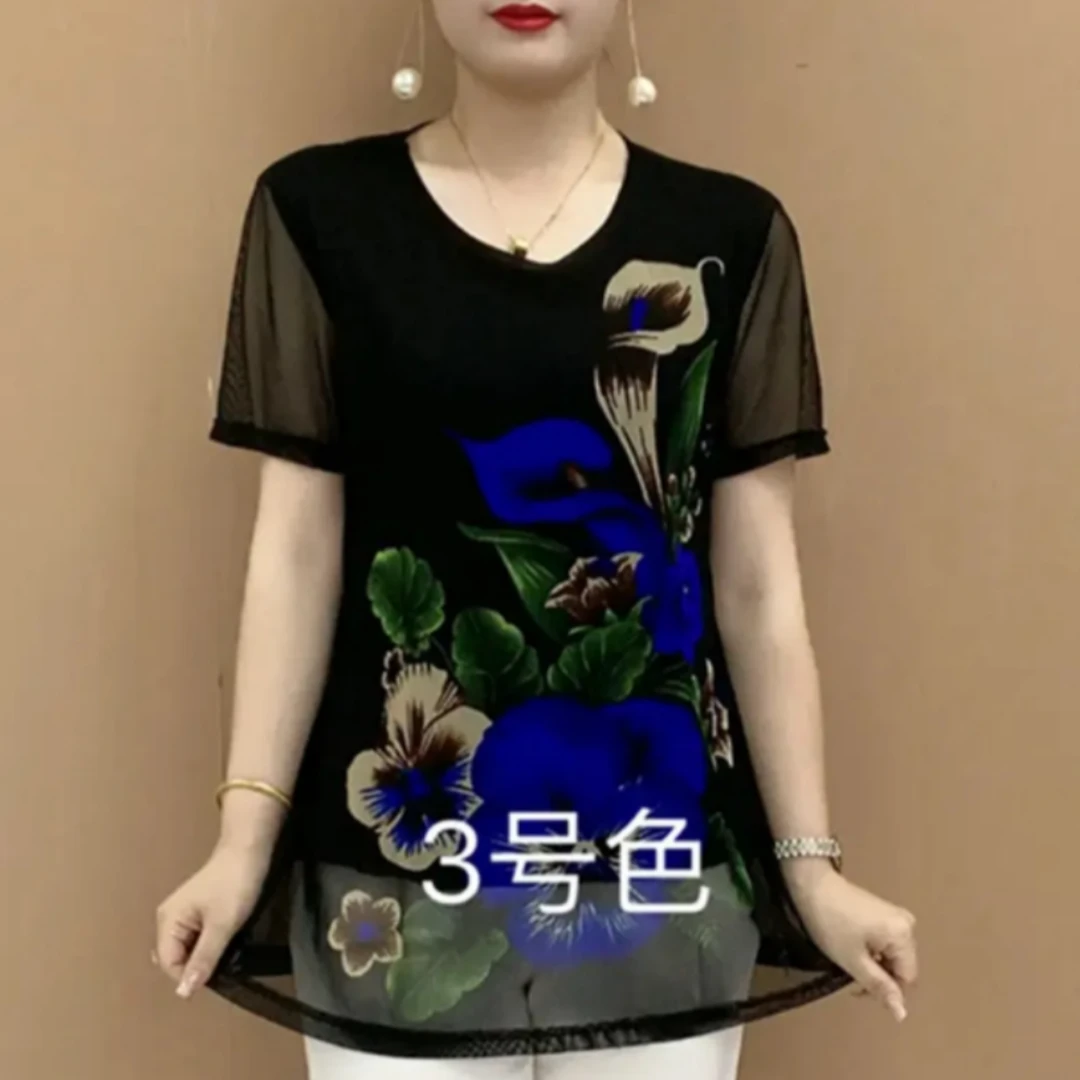 新款百搭印花大码遮肚子女装2025夏款宽松休闲中老年妈妈短袖T恤