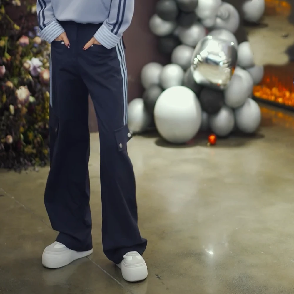 春季2025条纹杠半拼接撞色口袋百搭休闲裤裤子女