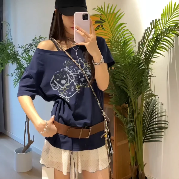 学院风夏季新款短袖t恤女盐系中长款印花宽松字母小众辣妹上衣潮