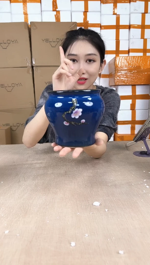 缸形深蓝花釉勾花13x13