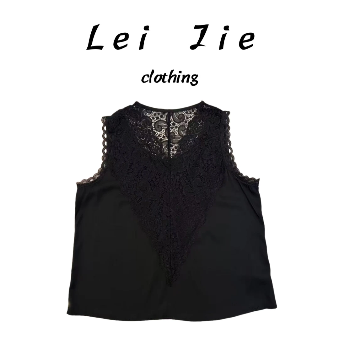 【Lei Jie】百搭款弹力双乔V领蕾丝拼接背心3106