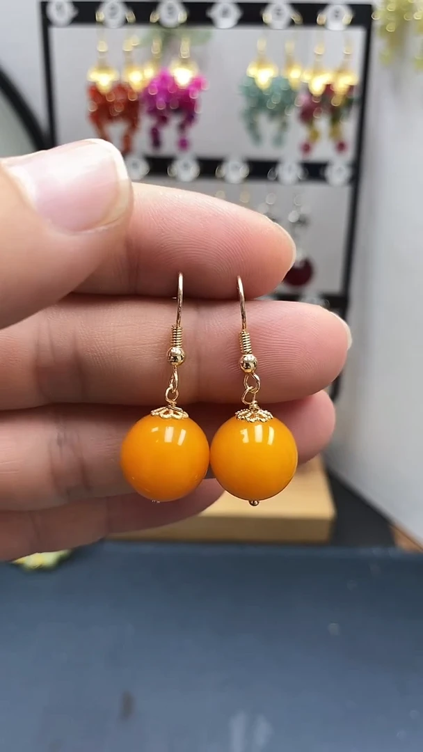 银S925镀金镶嵌蜜蜡耳饰尺寸14mmC3