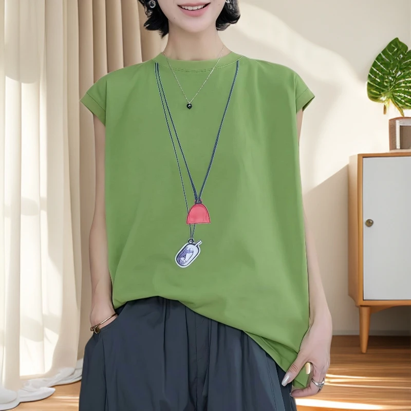 夏季宽松复古印花无袖T恤女2025新款时尚洋气休闲韩版圆领上衣