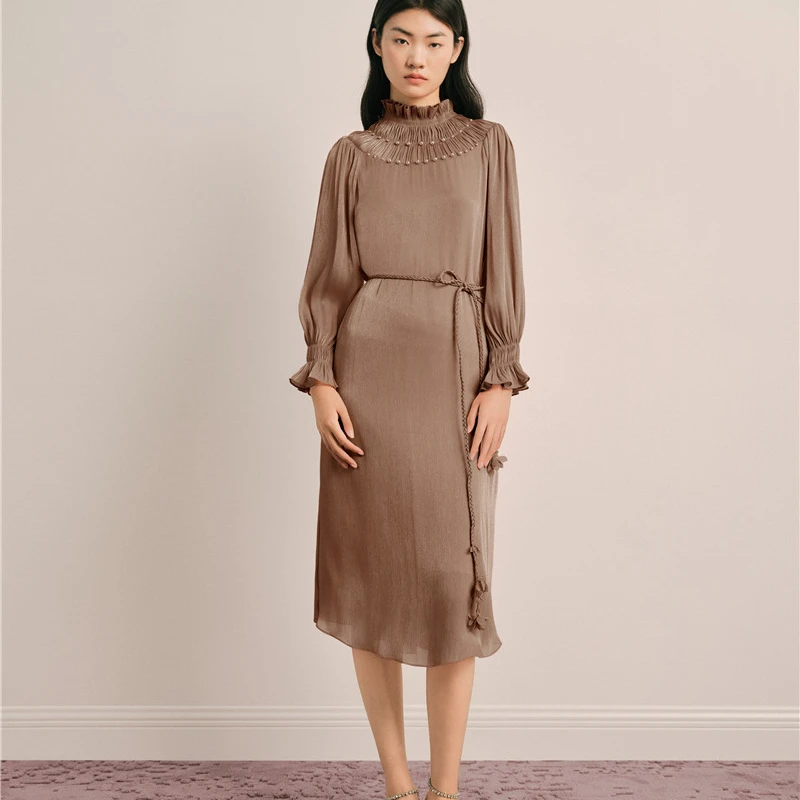 OBBLIGATO奥丽嘉朵杏荷叶边立领珠光纱钉珠连衣裙1C65105370