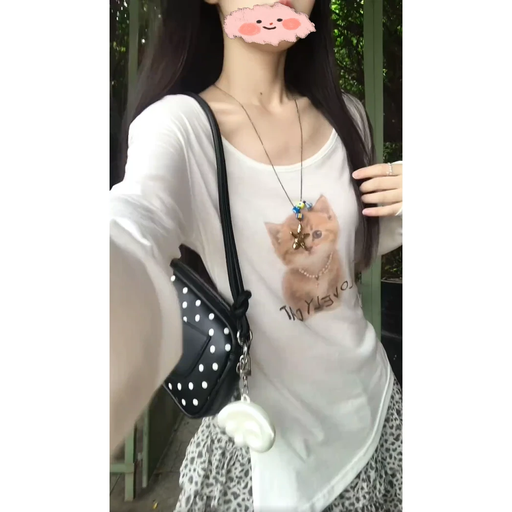 韩系时尚猫咪印花长袖t恤女夏季不规则宽松显瘦防晒罩衫薄款上衣
