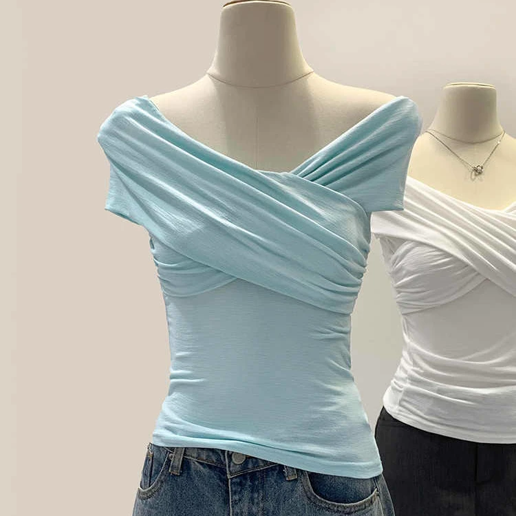 2025新款斜肩扭结小众设计感无袖t恤女夏季辣妹独特绝美修身上衣