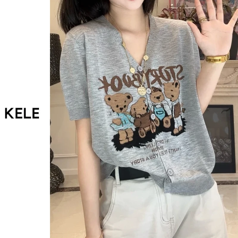 夏季卡通小熊V领短袖针织开衫女 百搭减龄上衣