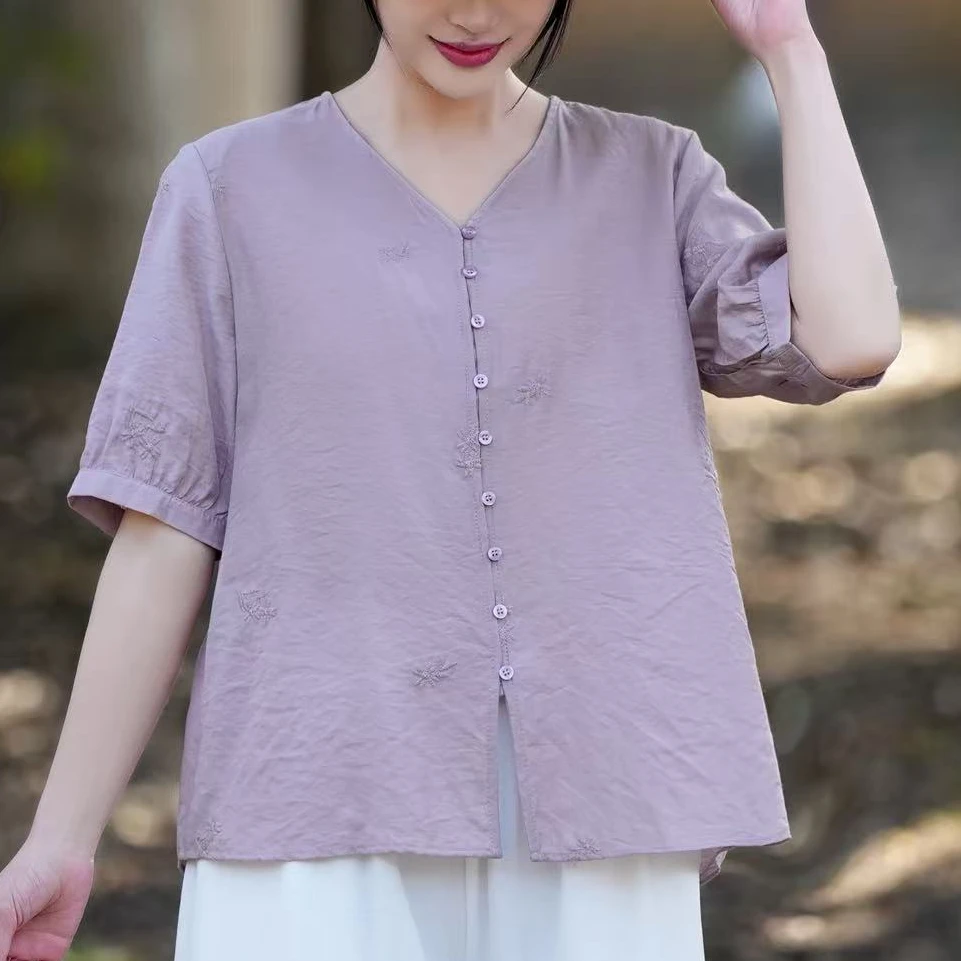9655新款夏季文艺复古刺绣气质减龄小衫QZ