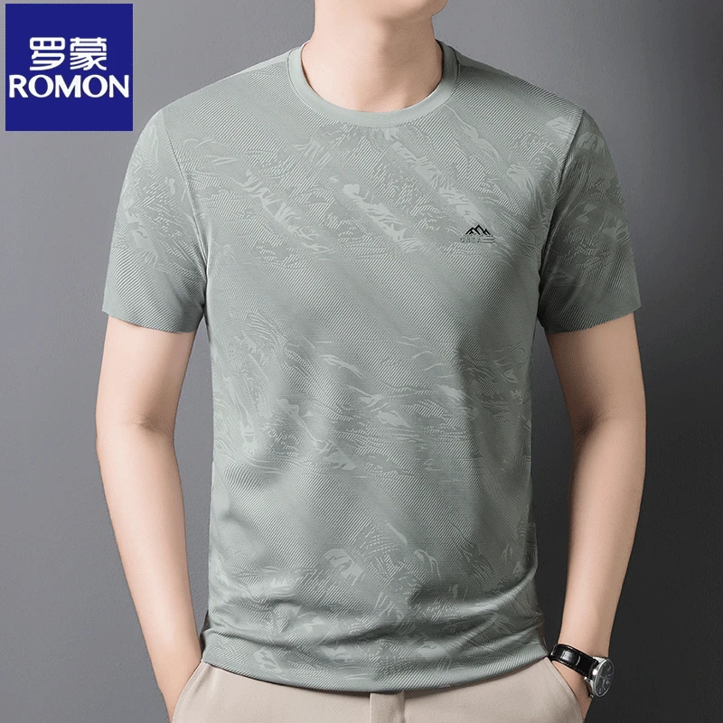 【含桑蚕丝】罗蒙冰氧丝短袖T恤男圆领夏季提花凉感透气半袖印花潮t