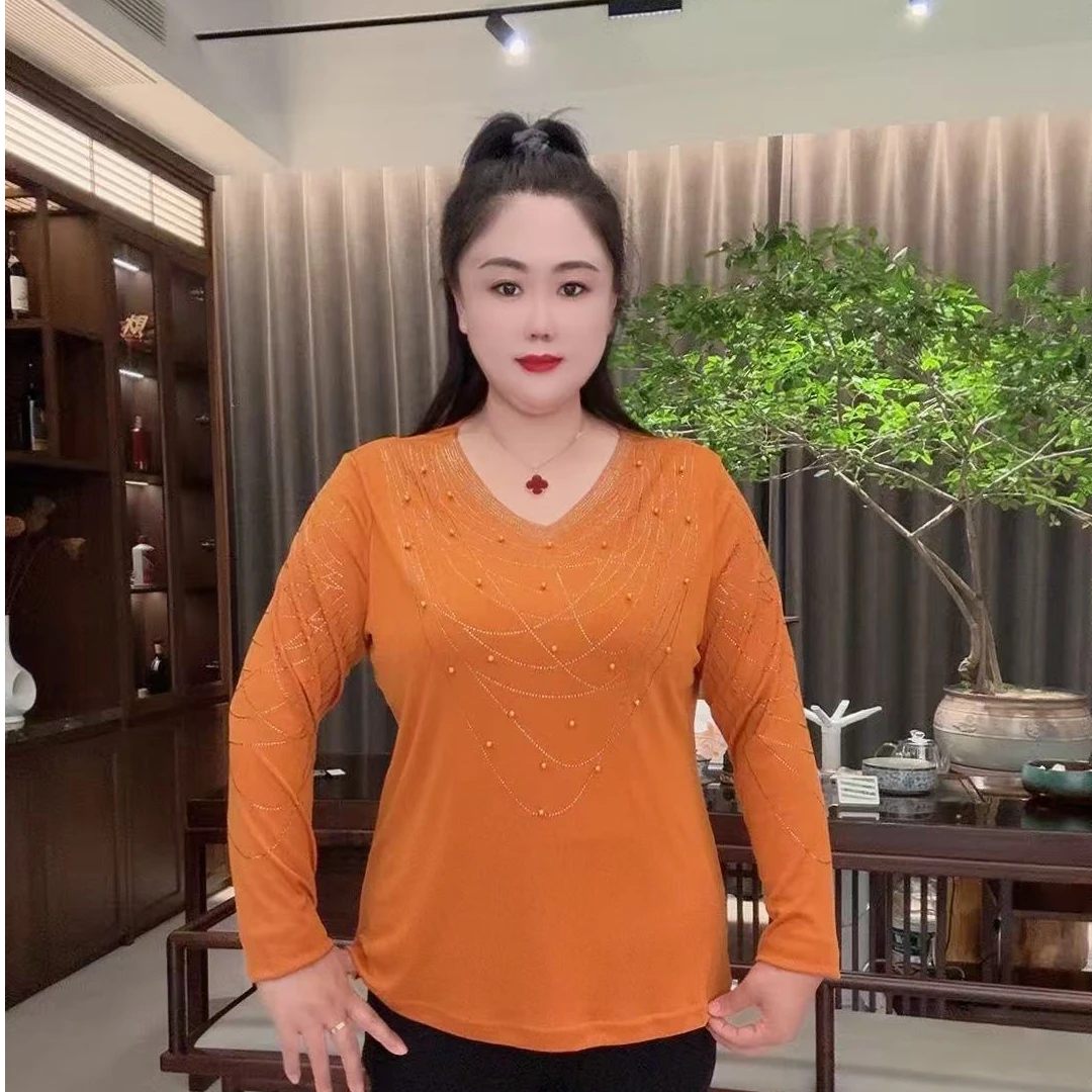 2025早秋新款时尚洋气百搭女装V领烫钻钉珠长袖修身显瘦上衣